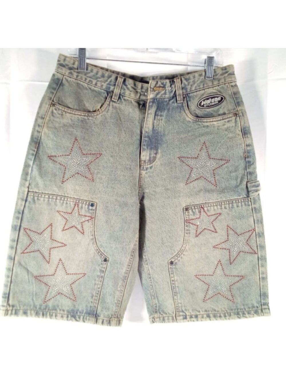 Watson Star Rhinestone Denim JEANS Carpenter Shorts – Blue Size: 32